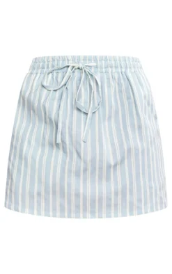 Blue Linen Look Striped Elastic Waist Mini Skirt