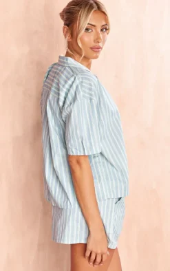 Blue Linen Look Striped Oversized Shirt