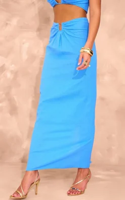 Blue Linen Look V Bar Maxi Skirt