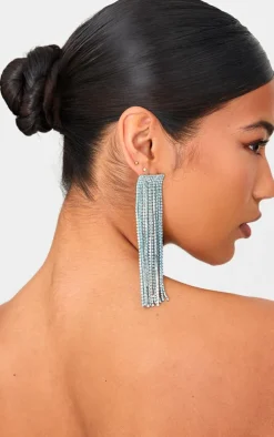 Blue Long Diamante Statement Tassel Earrings