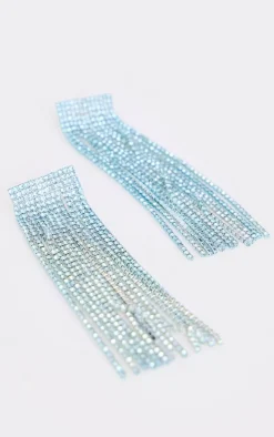 Blue Long Diamante Statement Tassel Earrings