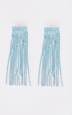 Blue Long Diamante Statement Tassel Earrings