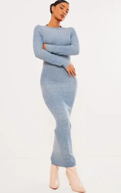Blue Marl Knit Long Sleeve Open Back Maxi Dress