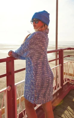 Blue Marled Chunky Roll Neck Sweater Dress