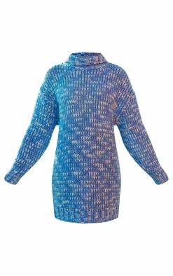 Blue Marled Chunky Roll Neck Sweater Dress