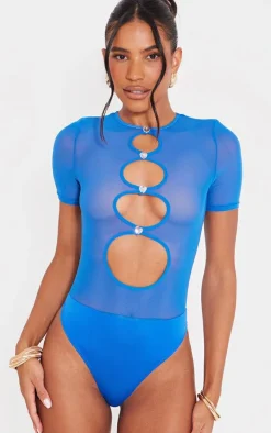 Blue Mesh Cut Out Diamante Bodysuit
