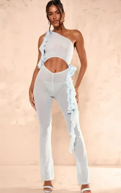 Blue Mesh Rose Applique Cut Out Jumpsuit