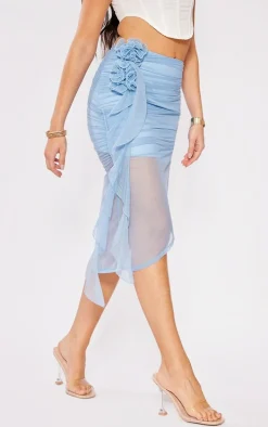 Blue Mesh Rose Applique Linen Mini Skirt