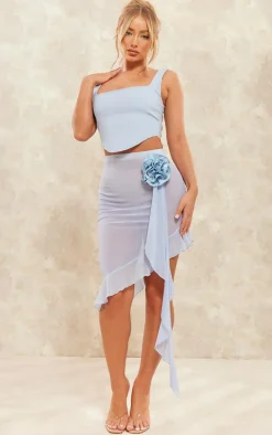 Blue Mesh Rosette Trim Ruffle Detail Midi Skirt