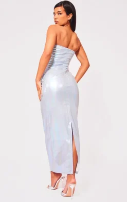 Blue Metallic Faux Leather Bandeau Maxi Dress