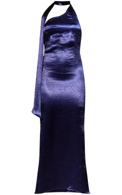 Blue Metallic Neck Wrap Maxi Dress