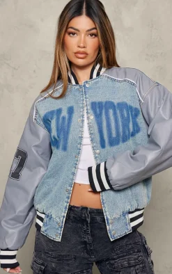 Blue New York Button Up Oversized Denim Varsity Jacket