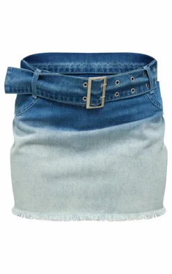 Blue Ombre Denim Belted Mini Skirt