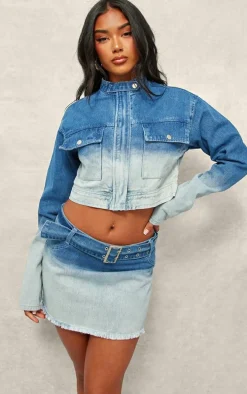 Blue Ombre Denim Pocket Cropped Jacket