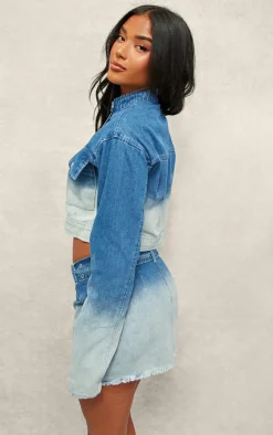 Blue Ombre Denim Pocket Cropped Jacket