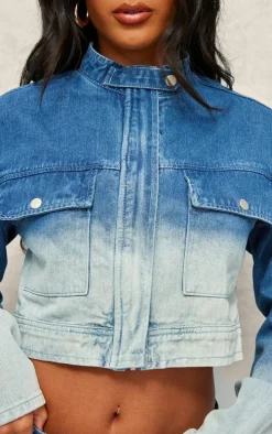 Blue Ombre Denim Pocket Cropped Jacket