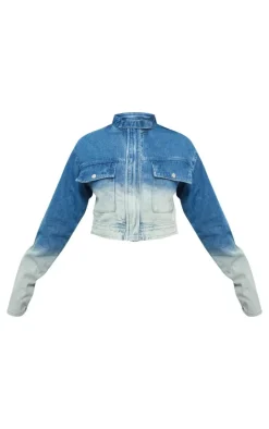 Blue Ombre Denim Pocket Cropped Jacket