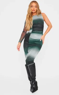 Blue Ombre One Sleeve Ruched Mesh Midi Dress