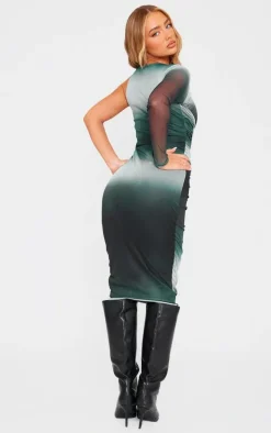 Blue Ombre One Sleeve Ruched Mesh Midi Dress