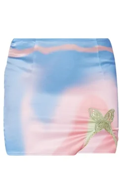 Blue Ombre Printed Satin Butterfly Trim Mini Skirt
