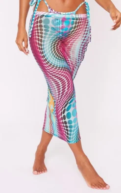Blue Optical Dot Print Mesh Midi Beach Skirt