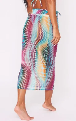 Blue Optical Dot Print Mesh Midi Beach Skirt