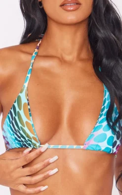 Blue Optical Dot Print Triangle Bikini Top