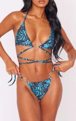 Blue Oversized Butterfly Print Tie Side Bikini Bottoms
