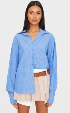 Blue Oversized Striped Cut Out Back Shirt