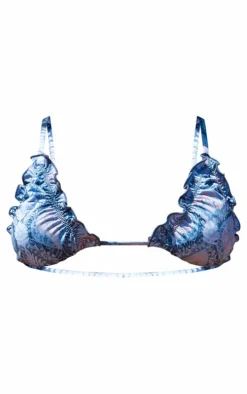 Blue Paisley Print Contrast Stitch Ruffle Triangle Bikini Top