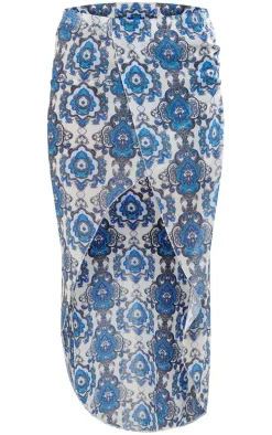 Blue Paisley Print Split Front Midaxi Skirt
