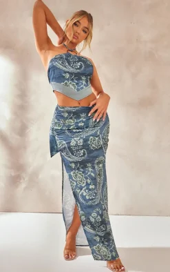 Blue Paisley Printed Satin Tie Waist Knot Front Midaxi Skirt