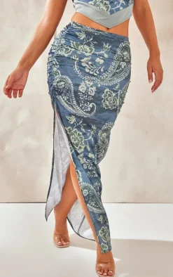 Blue Paisley Printed Satin Tie Waist Knot Front Midaxi Skirt