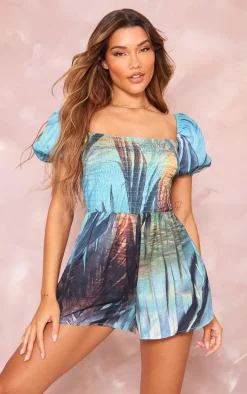 Blue Palm Print Puff Sleeve Shirred Tie Back Romper