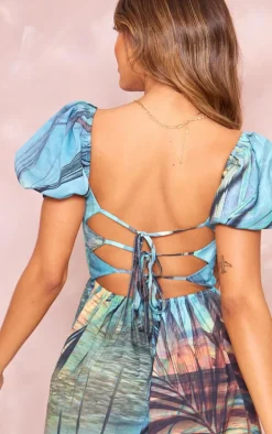 Blue Palm Print Puff Sleeve Shirred Tie Back Romper