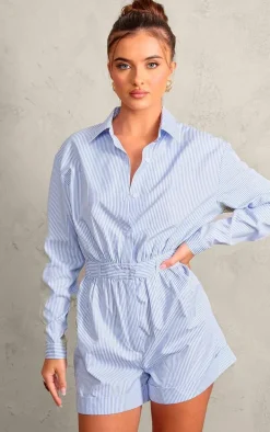 Blue Pinstripe Button Up Shirt Detail Romper