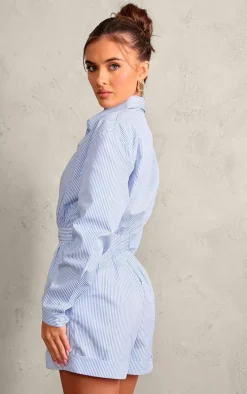 Blue Pinstripe Button Up Shirt Detail Romper