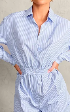 Blue Pinstripe Button Up Shirt Detail Romper