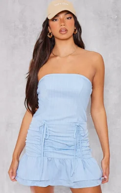 Blue Pinstripe Tailored Woven Ruched Tiered Shift Dress