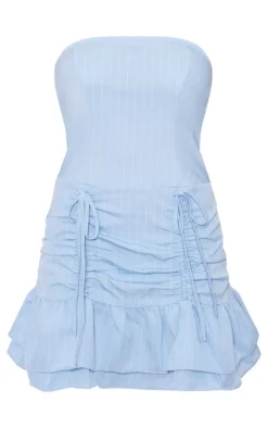 Blue Pinstripe Tailored Woven Ruched Tiered Shift Dress