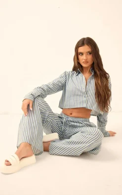 Blue Pinstripe Woven Cropped Shirt