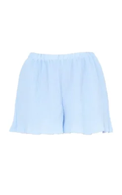 Blue Plisse High Waisted Shorts