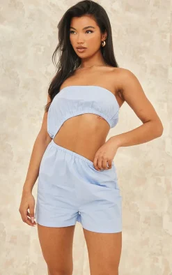 Blue Poplin Bandeau Elasticated Cut Out Romper