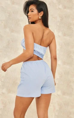 Blue Poplin Bandeau Elasticated Cut Out Romper