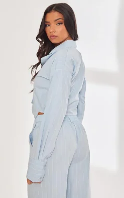 Blue Poplin Pinstripe Pocket Detail Cropped Shirt
