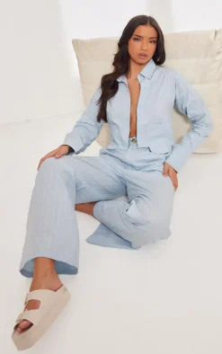 Blue Poplin Pinstripe Pocket Detail Cropped Shirt