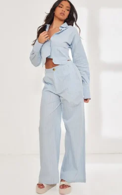 Blue Poplin Pinstripe Tailored Wide Leg Pants