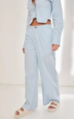 Blue Poplin Pinstripe Tailored Wide Leg Pants