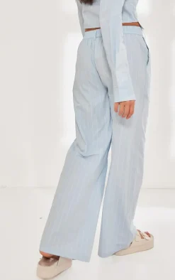 Blue Poplin Pinstripe Tailored Wide Leg Pants
