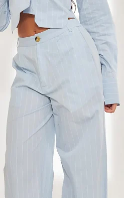 Blue Poplin Pinstripe Tailored Wide Leg Pants